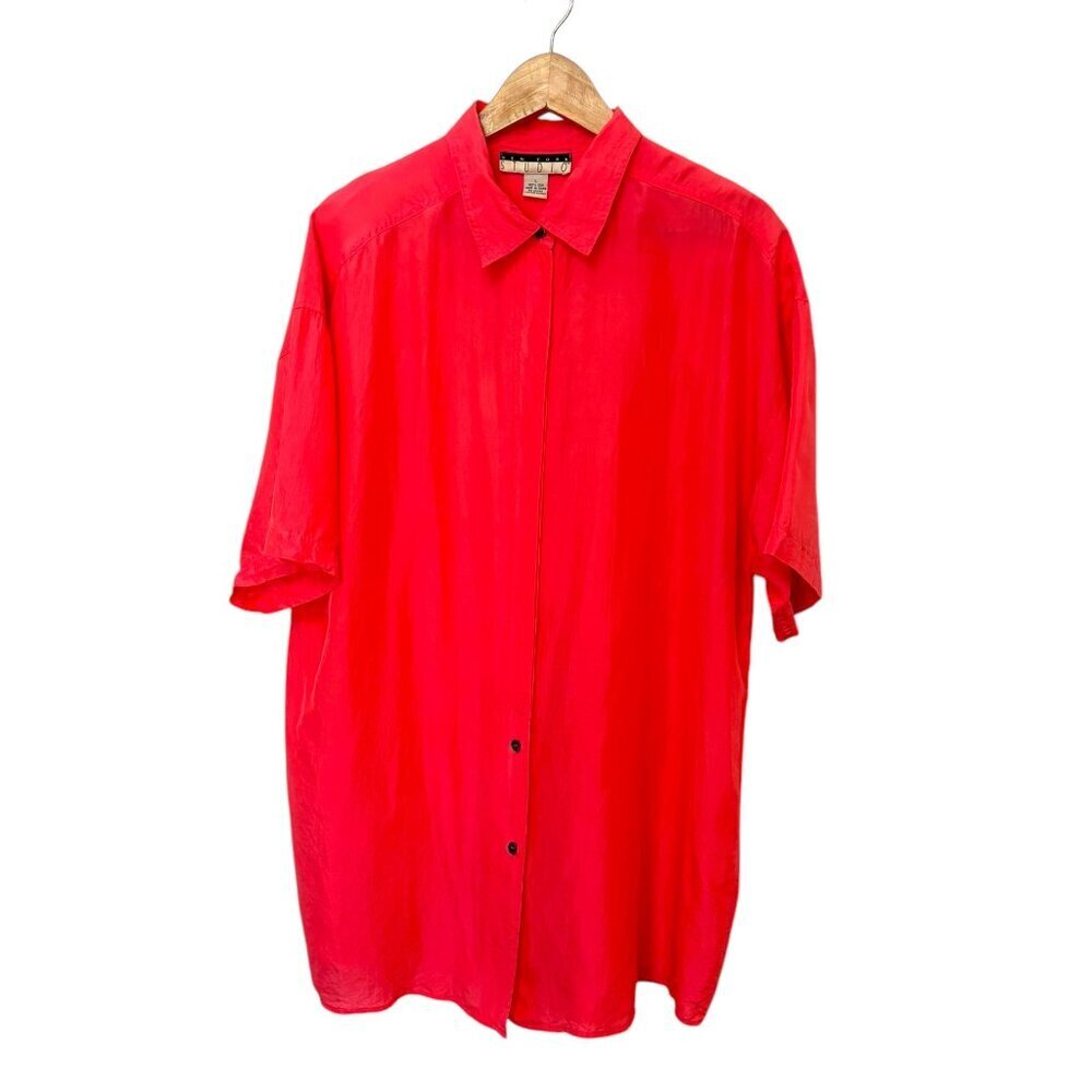 Vintage New York Studio Crinkled Silk Button Up Blouse Top Bright Coral Size L